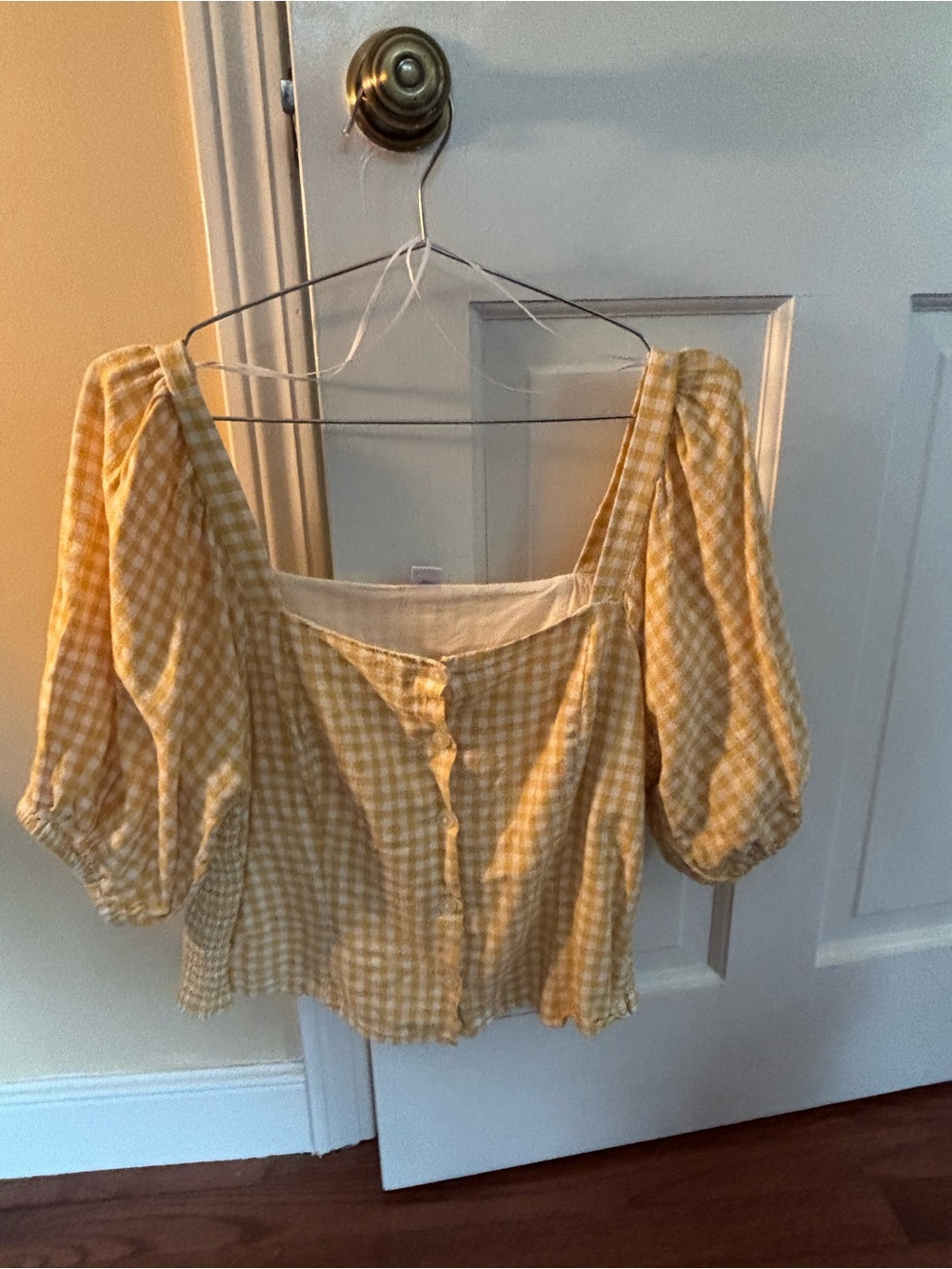 Old Navy Yellow Gingham Puff-Sleeve Square Neck Blouse
